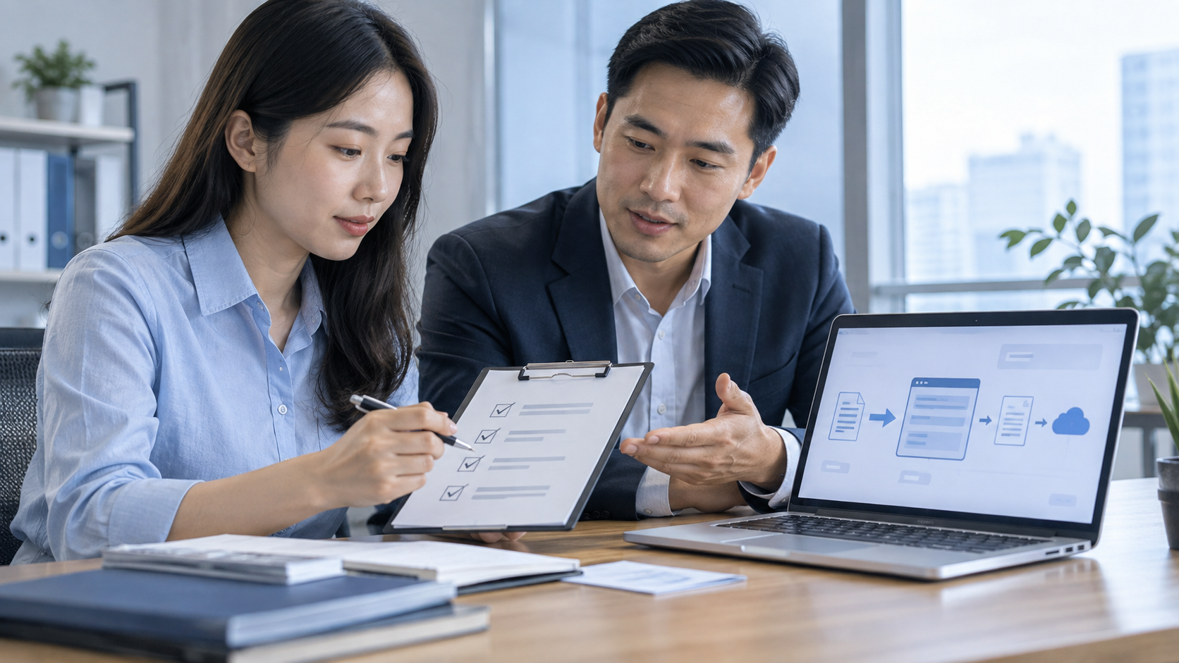 Nhân viên tài chính và chuyên viên rà checklist nghiệm thu dịch vụ hóa đơn điện tử trên máy tính.