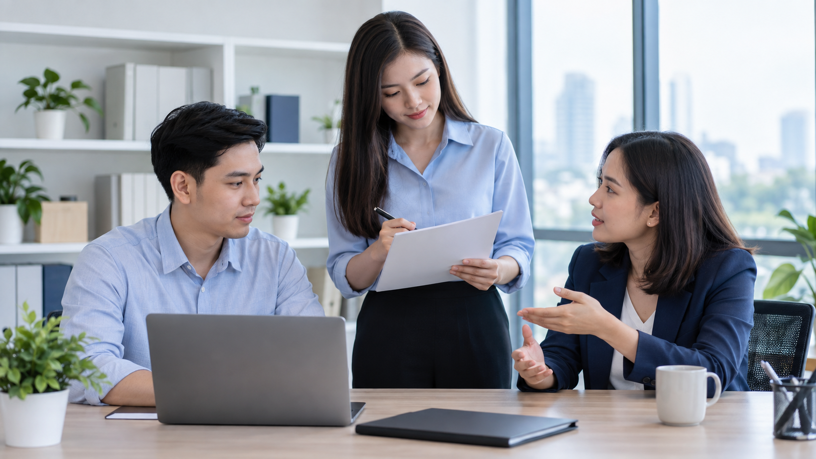 Ba nhân sự kế toán trao đổi quy trình lập, kiểm tra và ký hóa đơn điện tử.
