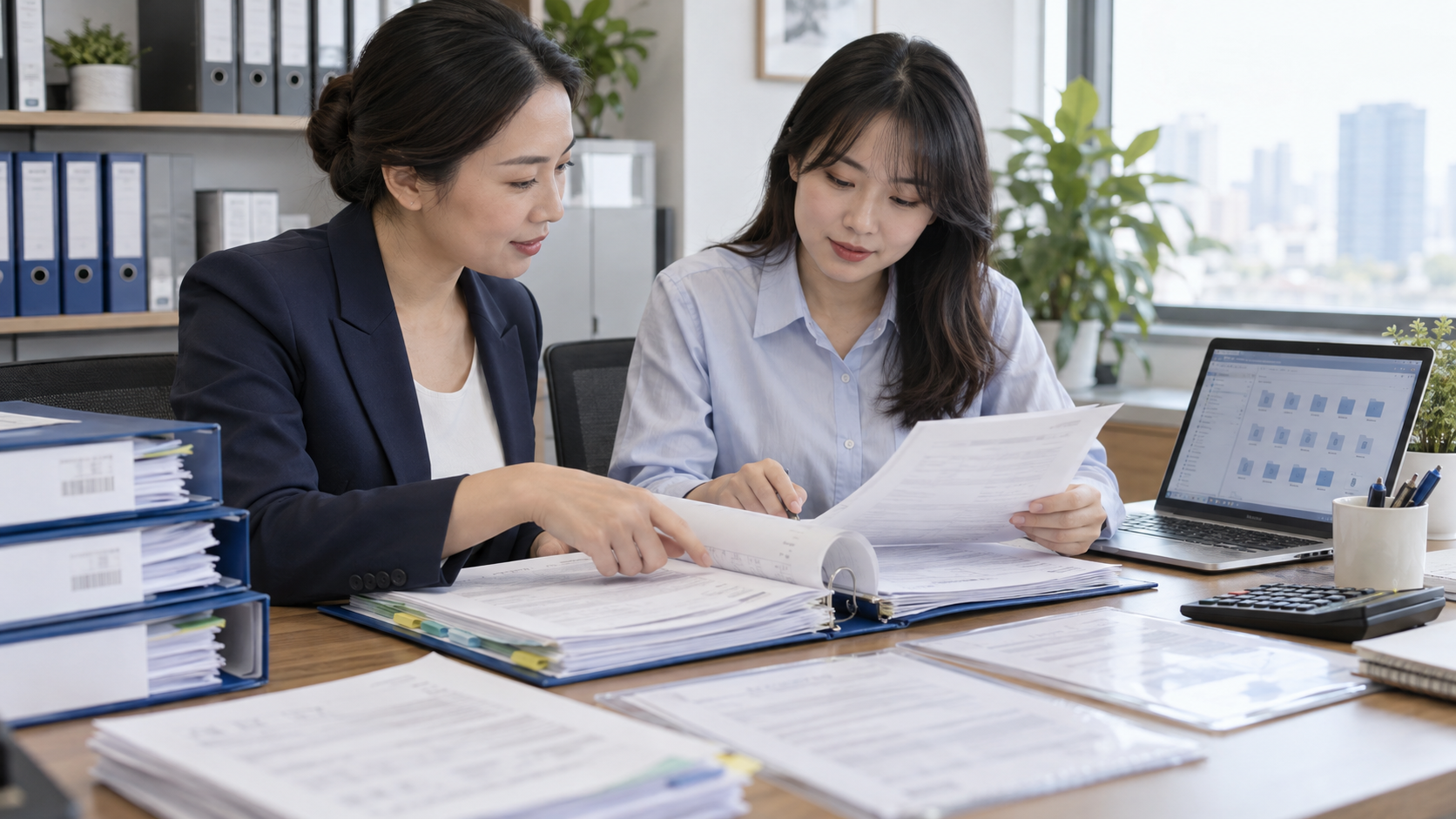 Hai kế toán đối chiếu hồ sơ hóa đơn và thư mục bàn giao trên máy tính.